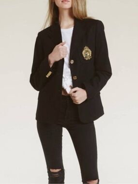 Vintage Ralph Lauren Linen Gold Embroidered Crested Blazer Golden Buttons Sz 14